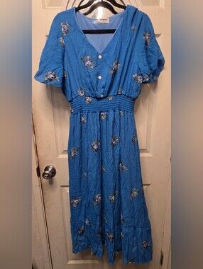 Kindred Blue V-Neck Smocked Waist Midi Dress